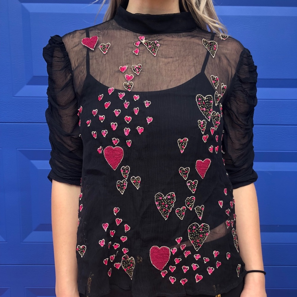Free People sequin pink and gold hearts black top